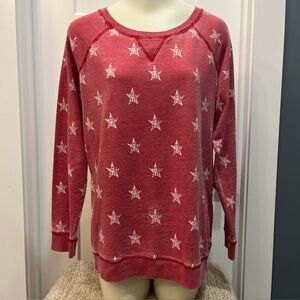 Relativity Womens Lightweight Sweatshirt‎ Distressed Red With White Stars Sz L